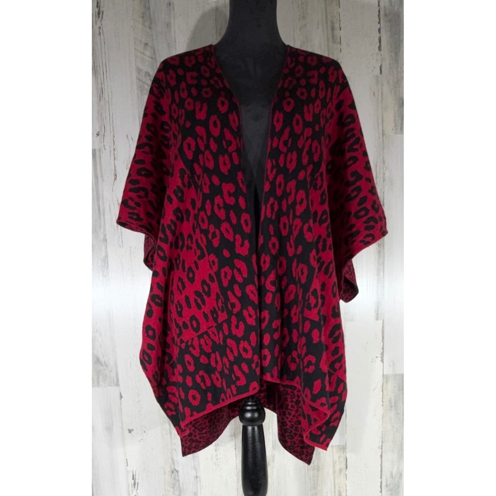 Chicos Leopard Print Poncho Sweater L/XL Red Black Cotton Wool Blend Open Front